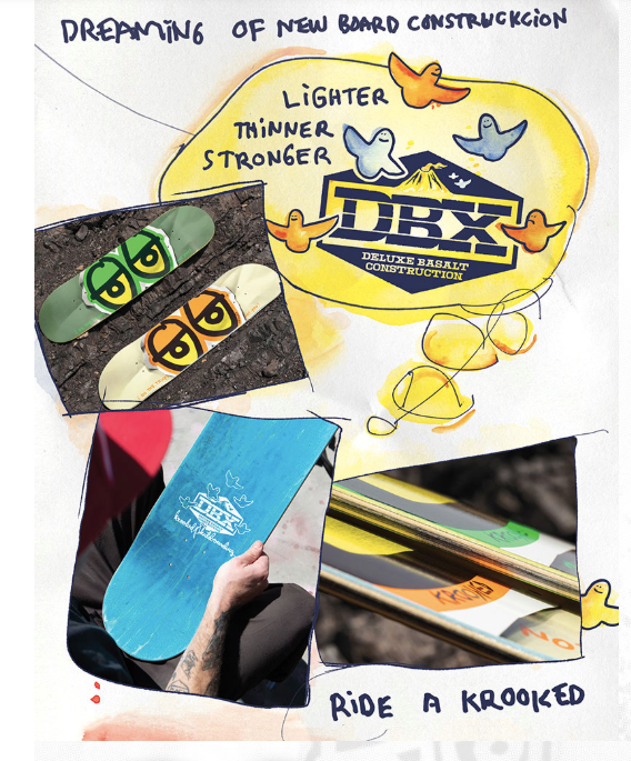 Promotional graphic for DBX skateboard trucks with text and images of trucks and a hand holding a blue truck.