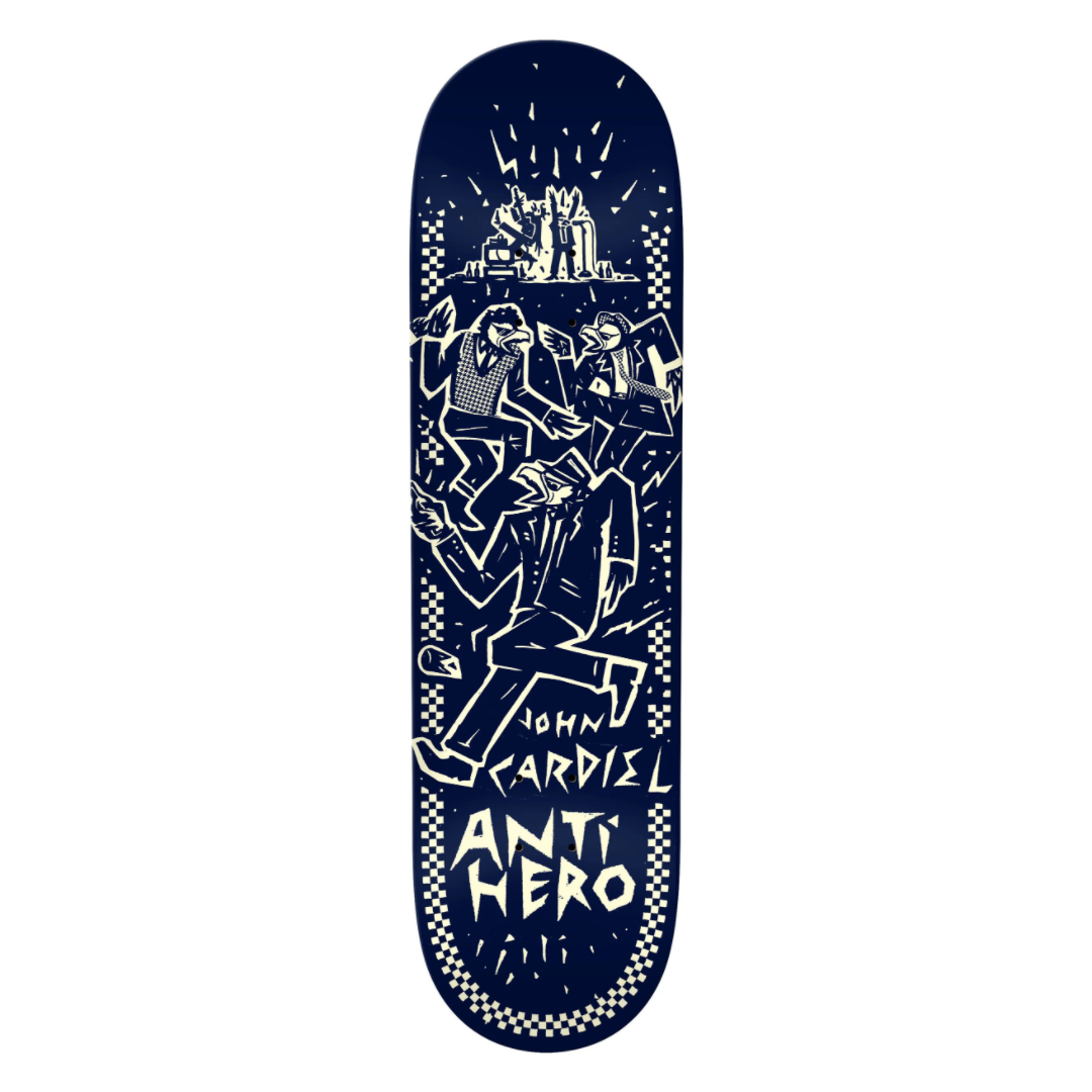 Skateboard deck with graphic design and 'Anti Hero' branding on a white background