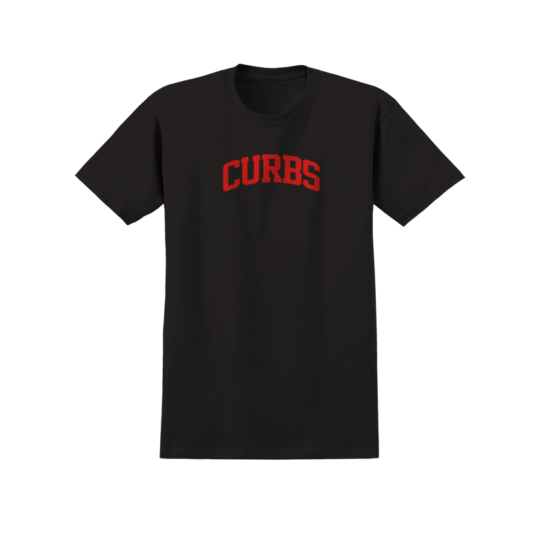 Black t-shirt with 'CURBS' printed in red on a white background