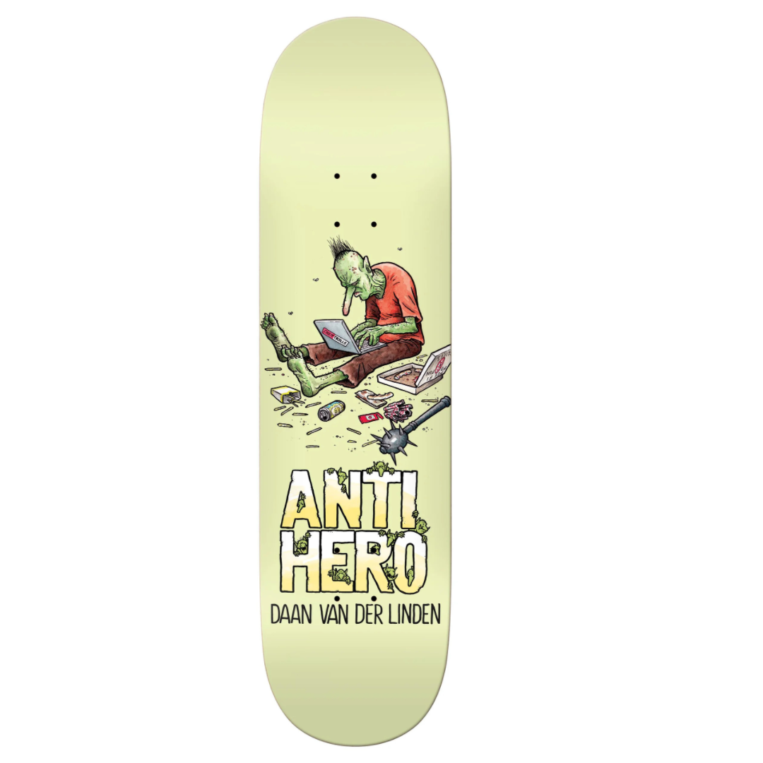 Skateboard deck with a graphic design and 'Anti Hero' branding on a light green background