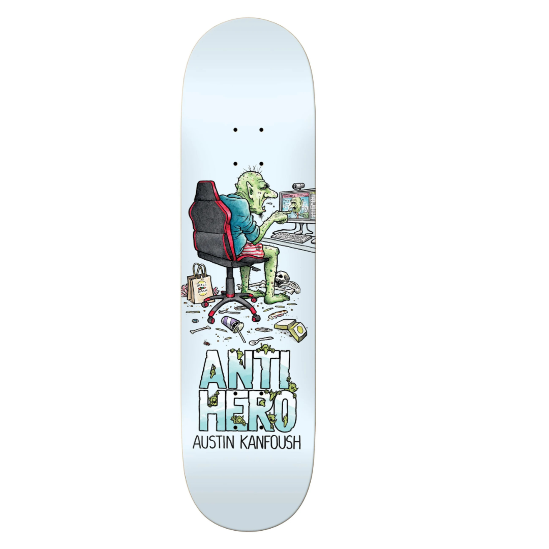 Skateboard deck with a graphic design of a person sitting at a desk and the text 'Anti Hero' on a light blue background.