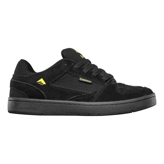 Black sneaker with yellow logo on a white background