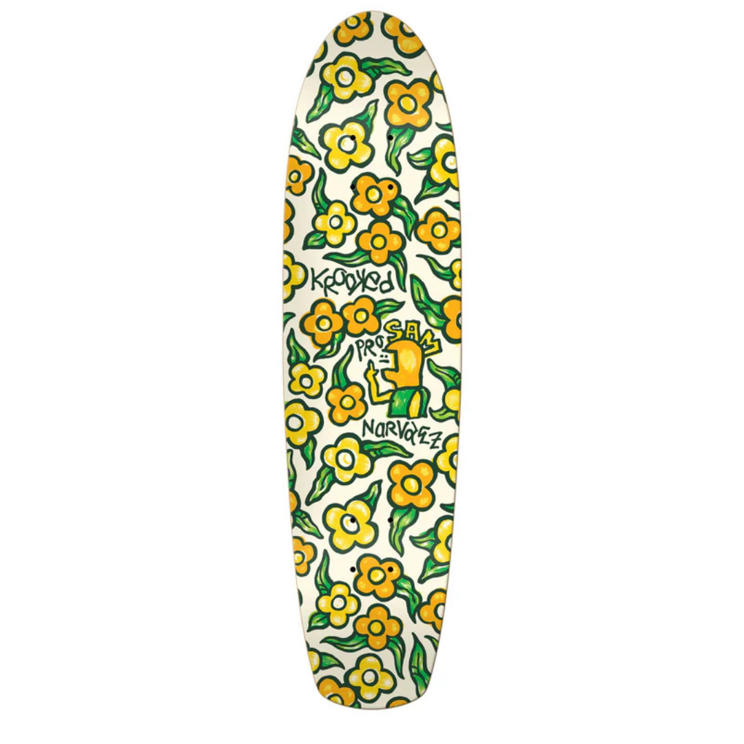 Skateboard deck with yellow floral pattern and branding on a white background