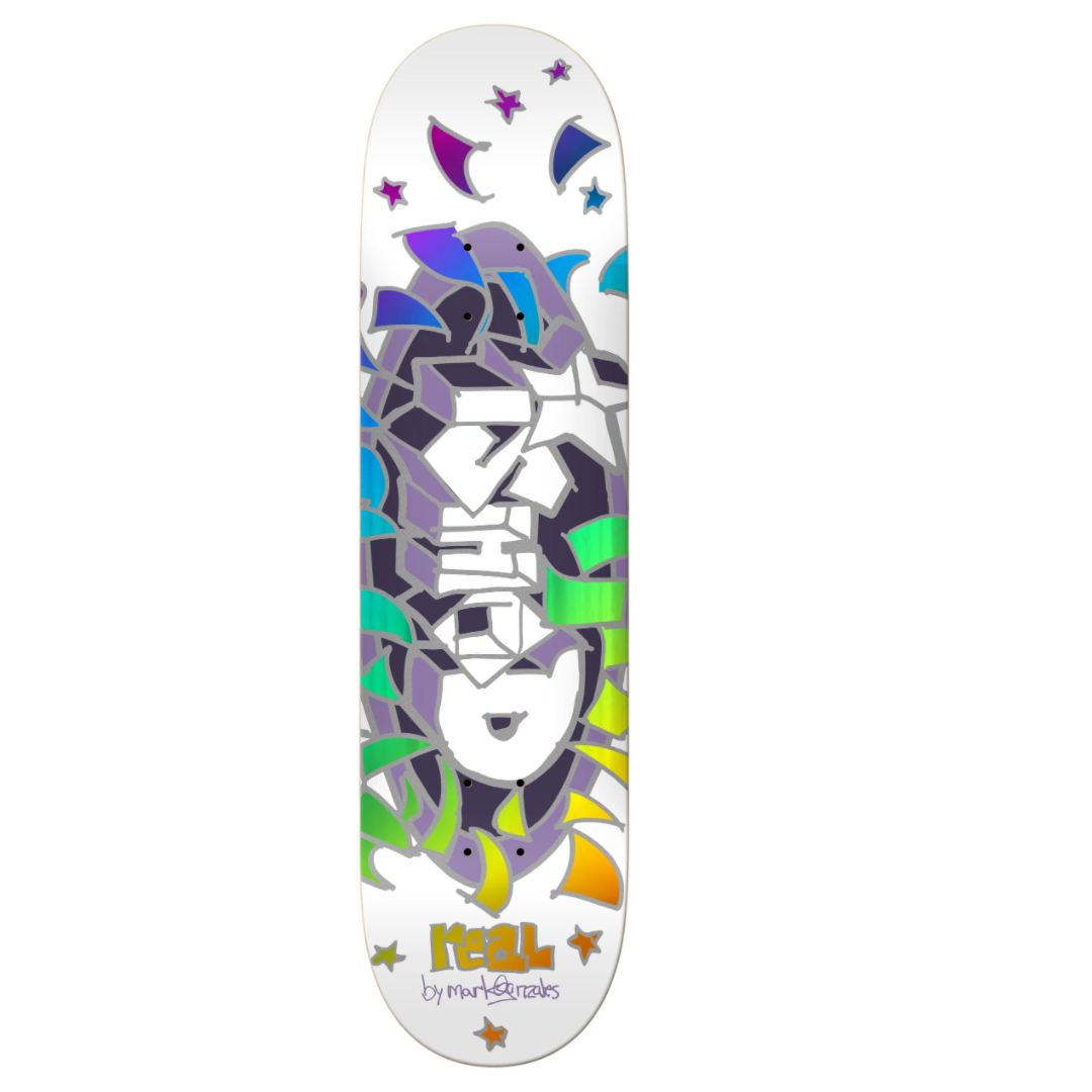 Skateboard deck with colorful geometric design on a white background