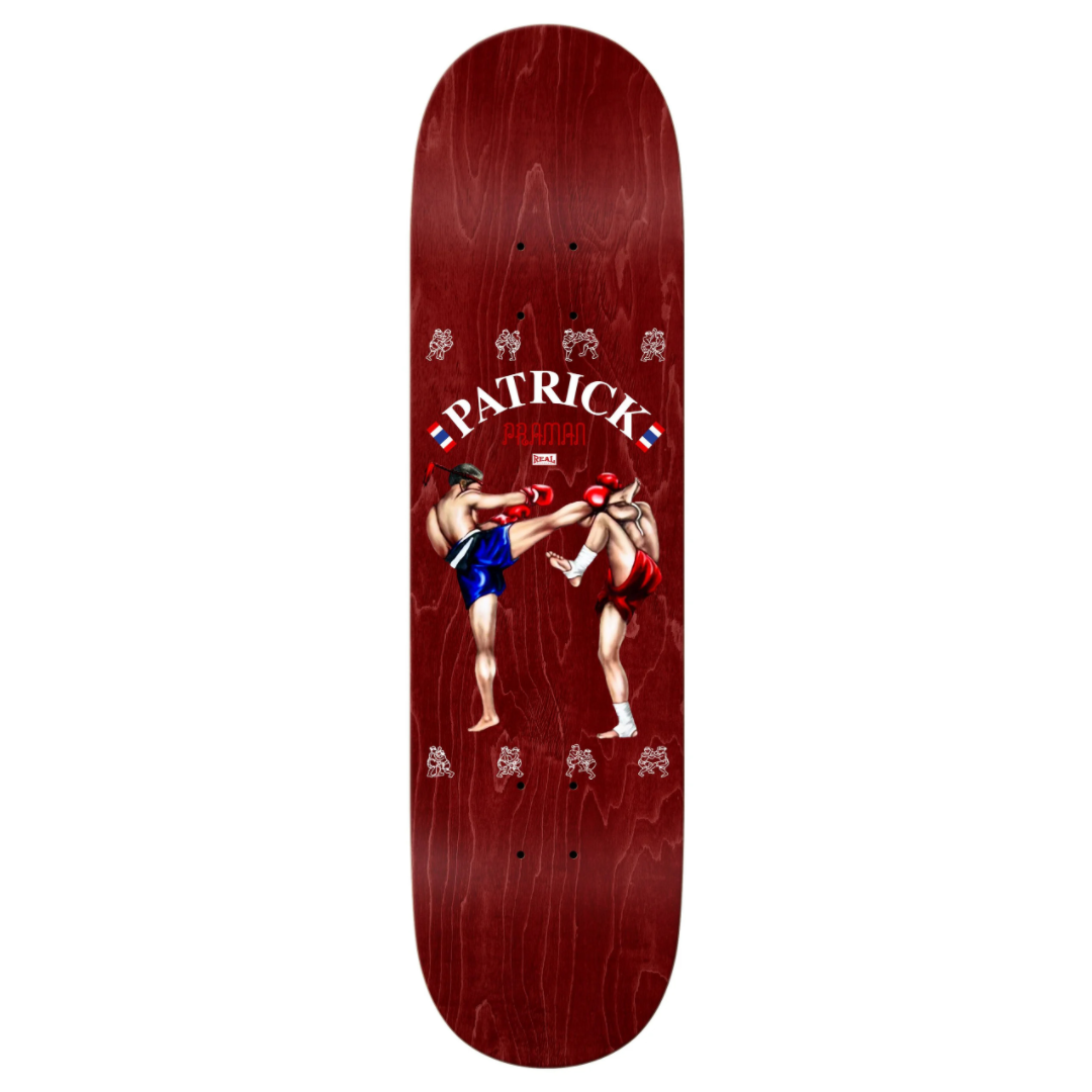 Skateboard deck with boxing design and 'Patrick' branding on a red background