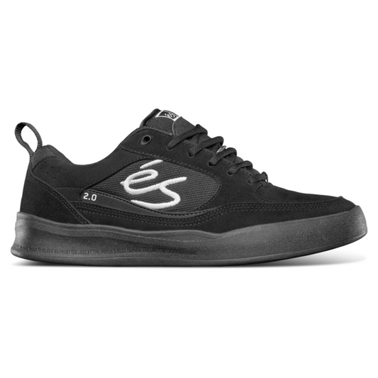 Black sneaker with a brand logo on a white background