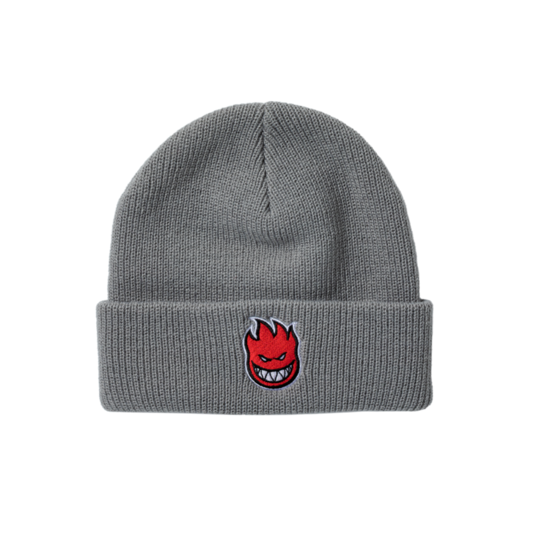 Gray beanie with a red and black logo on a white background