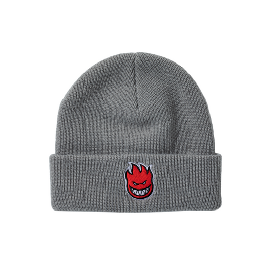 Gray beanie with a red and black logo on a white background