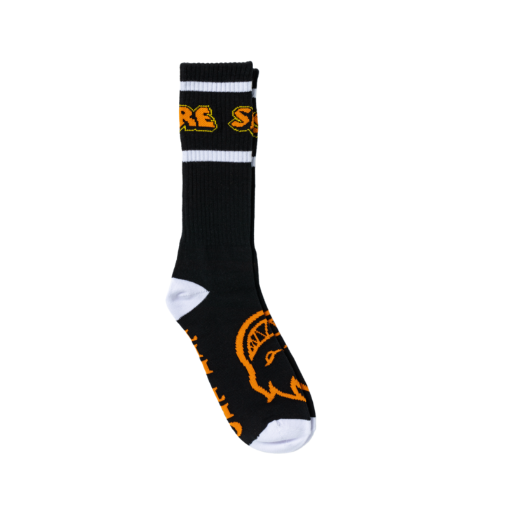 Black sock with orange logo and text on a white background