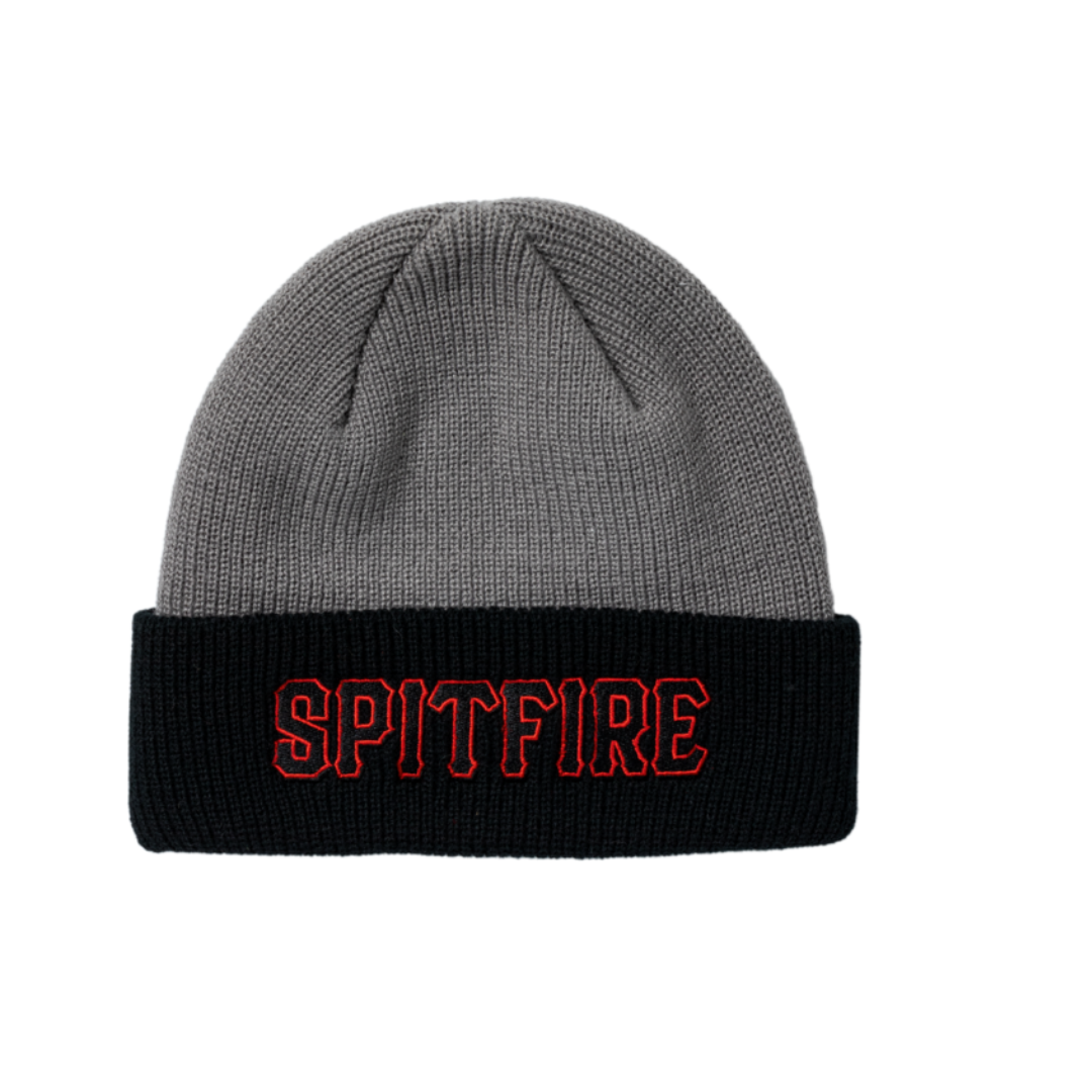 Gray beanie with black band and red 'SPITFIRE' text on a white background