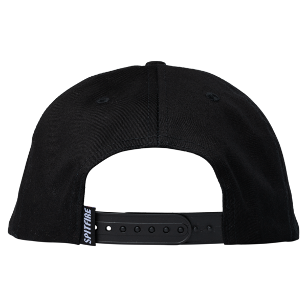 Black cap with a brand logo on the strap against a white background