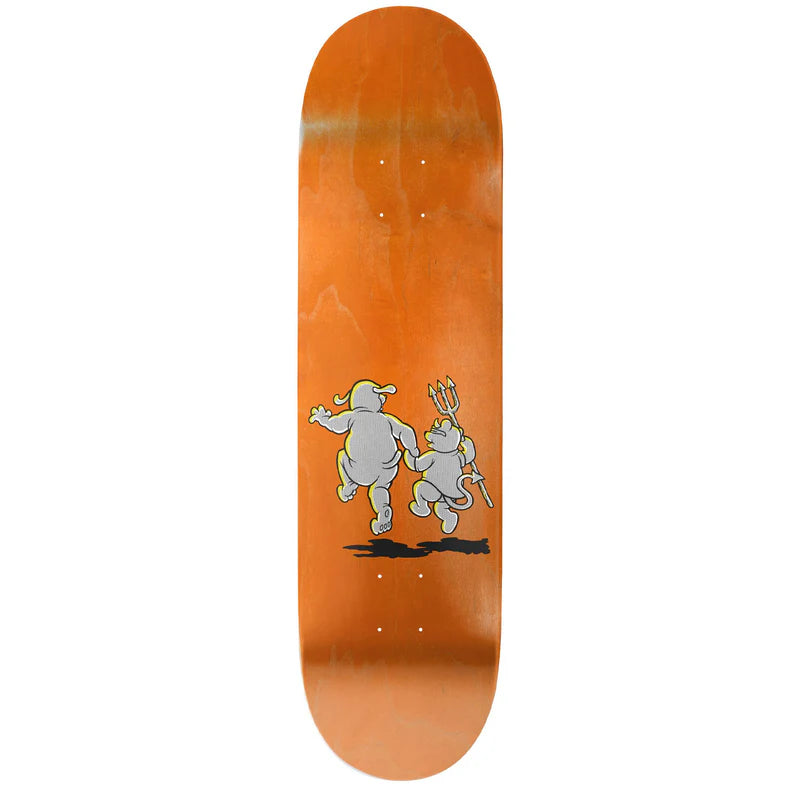Orange skateboard deck with a graphic design of two characters on a white background