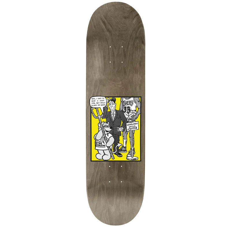 Skateboard deck with a graphic design on a white background