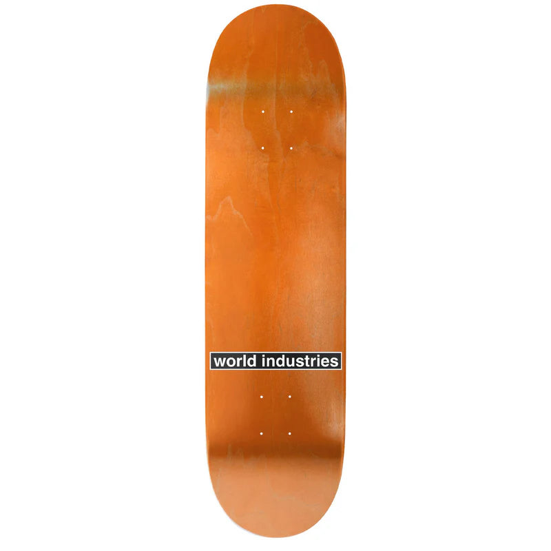 Orange skateboard deck with 'world industries' logo on a white background