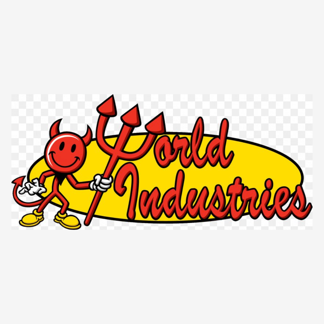 World Industries Skatboard company logo with the devil in red and yellow backdrop