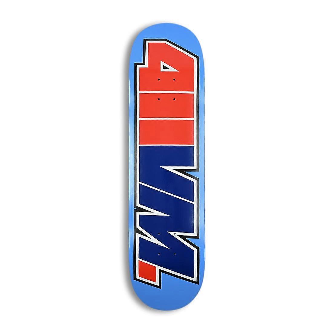 Skateboard deck with a red and blue logo on a white background