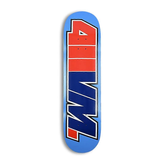 Skateboard deck with a red and blue logo on a white background