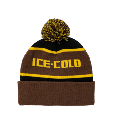 Knitted beanie with 'ICE-COLD' text and yellow pom-pom on a white background