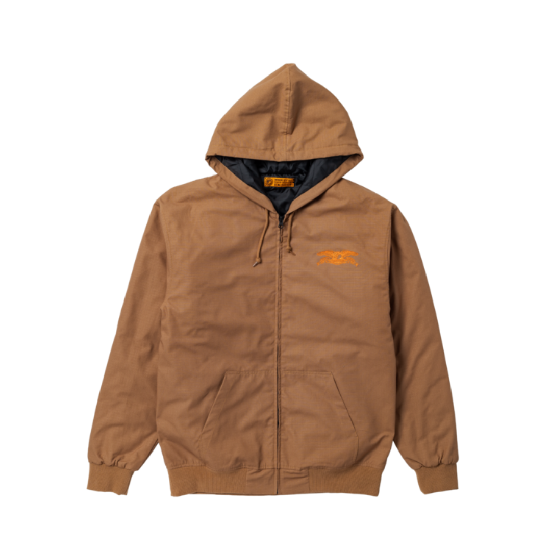Brown hooded jacket with orange logo on a white background