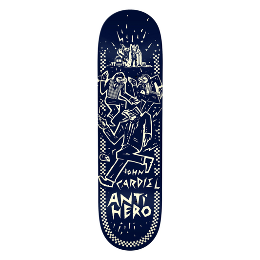 Skateboard deck with graphic design and 'Anti Hero' branding on a white background