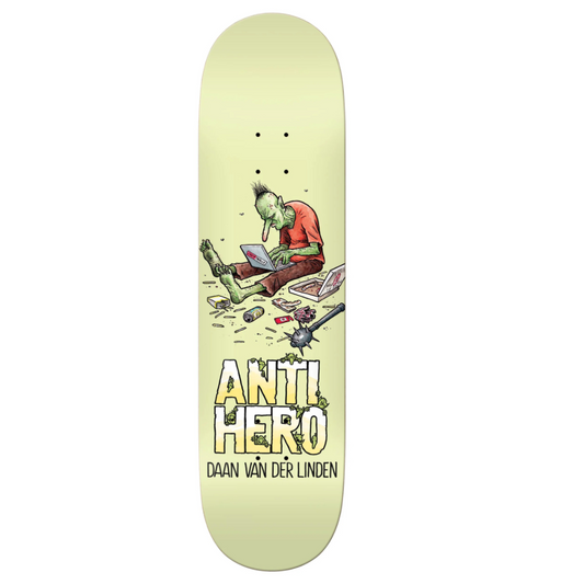 Skateboard deck with a graphic design and 'Anti Hero' branding on a light green background