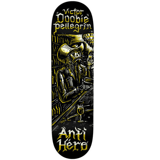 Skateboard deck with black and yellow design featuring a person in a suit and helmet, and 'Anti Hero' branding.