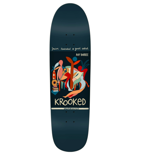 Skateboard deck with colorful abstract design and 'KROOKED' branding on a dark blue background