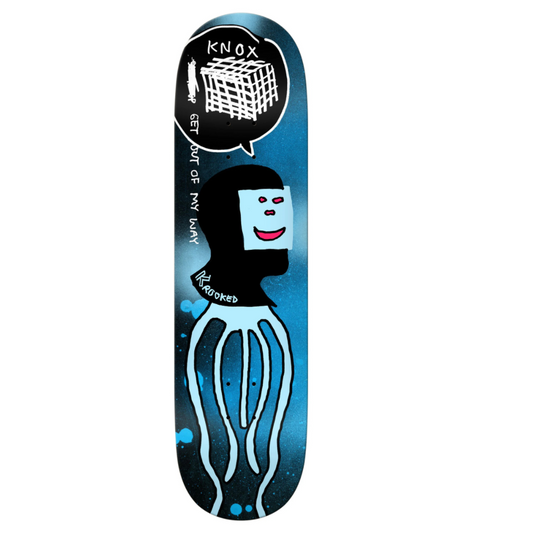 Skateboard deck with a stylized face and text design on a white background