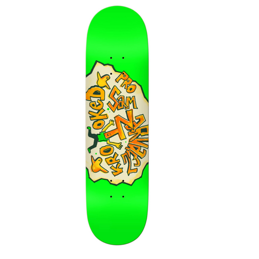 Skateboard deck with colorful graphics on a green background