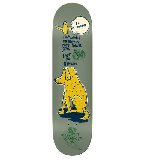 Skateboard deck with a yellow dog illustration and text on a green background