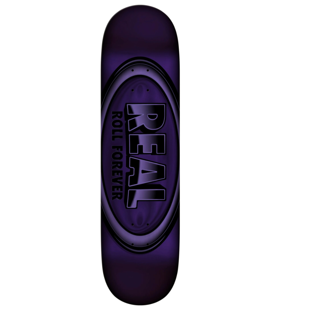 Purple skateboard deck with 'Real' branding on a white background