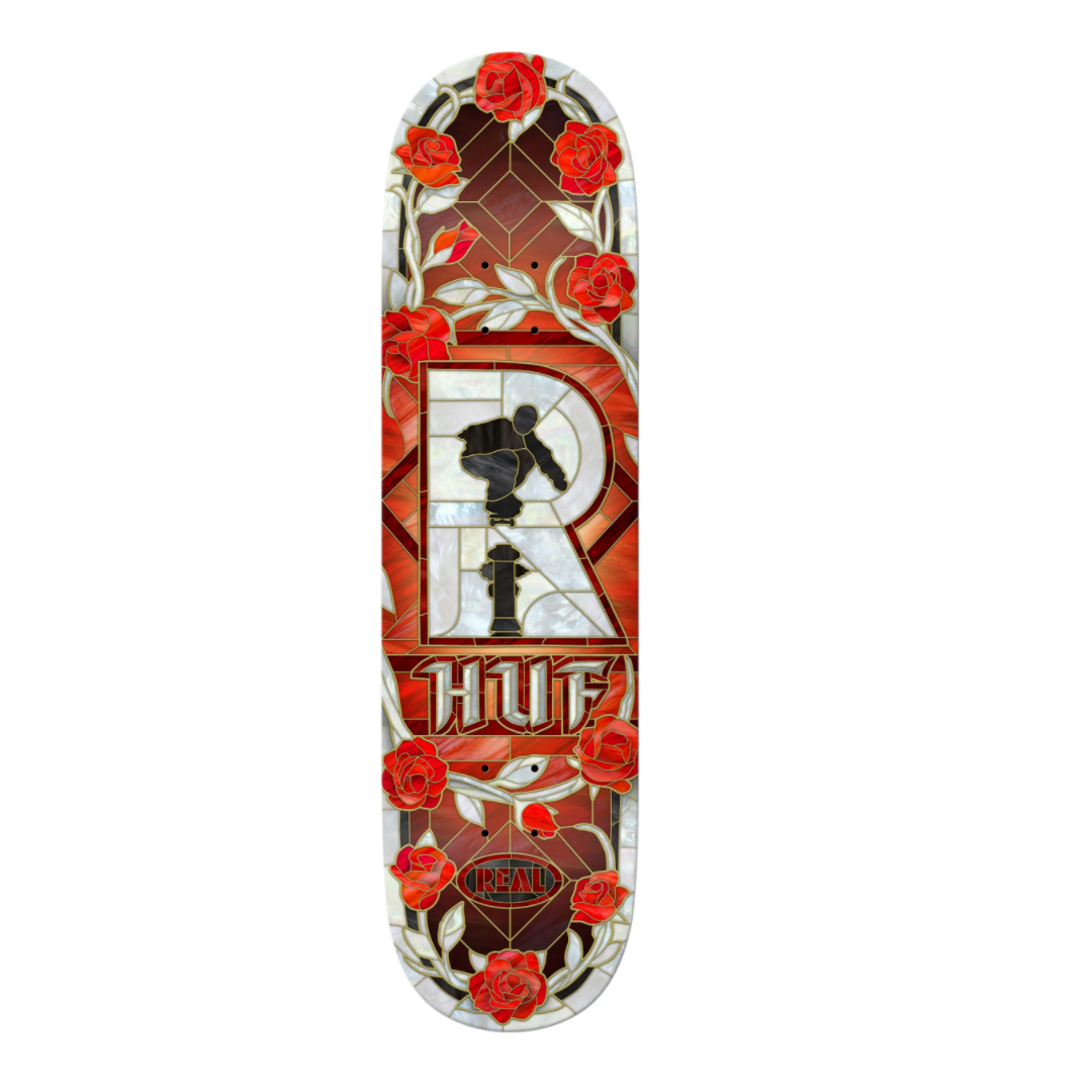 Skateboard deck with red roses and a central design on a white background