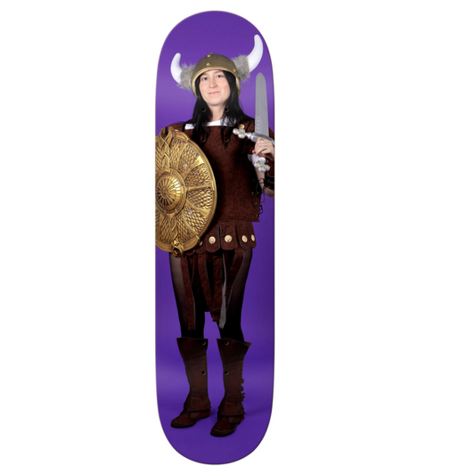 Skateboard deck with a person dressed as a Viking on a purple background