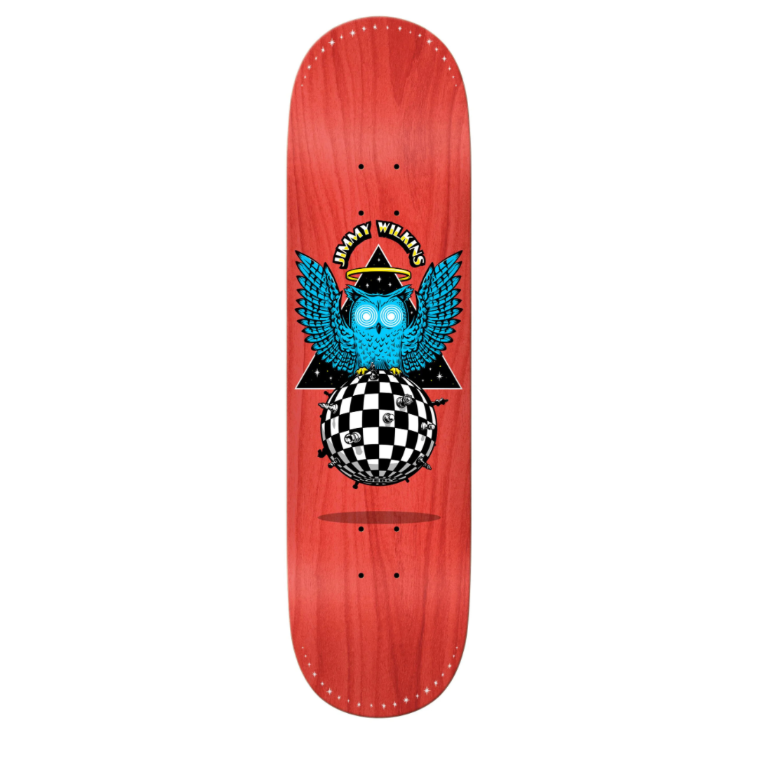 Skateboard deck with a red background and colorful graphic design on a white background