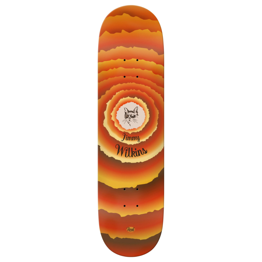 Skateboard deck with a colorful spiral design and 'Jimmy Wilkins' branding on a white background.