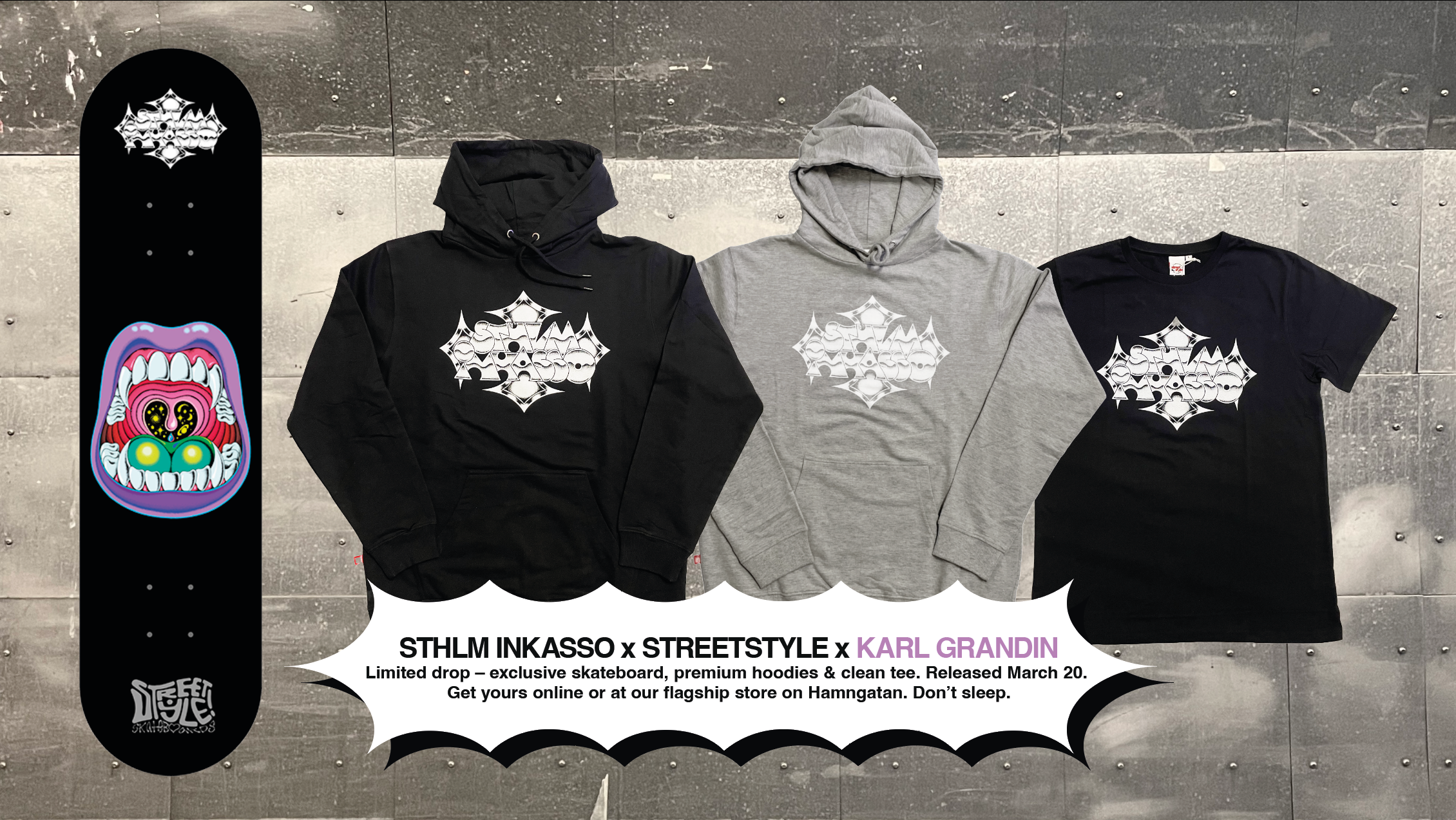 Load video: Street Style, en etablerad institution inom Stockholms streetwear- och skatescen, går samman med legendariska duon Stockholm Inkasso och Omnipollo®, ett av Sveriges mest innovativa bryggerier. Tillsammans skapas en collab som bygger en bro mellan musik, konst och skateboard designad av Karl Grandin.