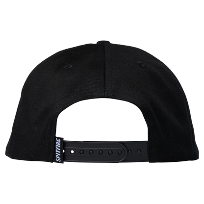 Black cap with a brand logo on the strap against a white background