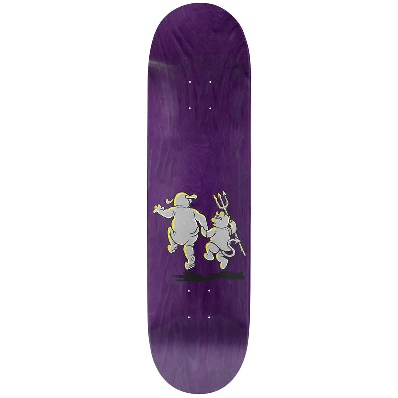 Purple skateboard deck with cartoon character design on a white background