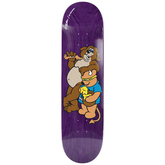 Skateboard deck with cartoon characters on a purple background