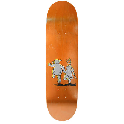 Orange skateboard deck with a graphic design of two characters on a white background