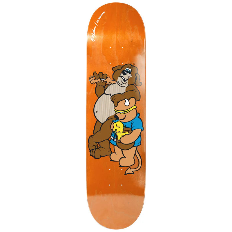 Skateboard deck with cartoon characters on an orange background