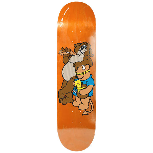 Skateboard deck with cartoon characters on an orange background