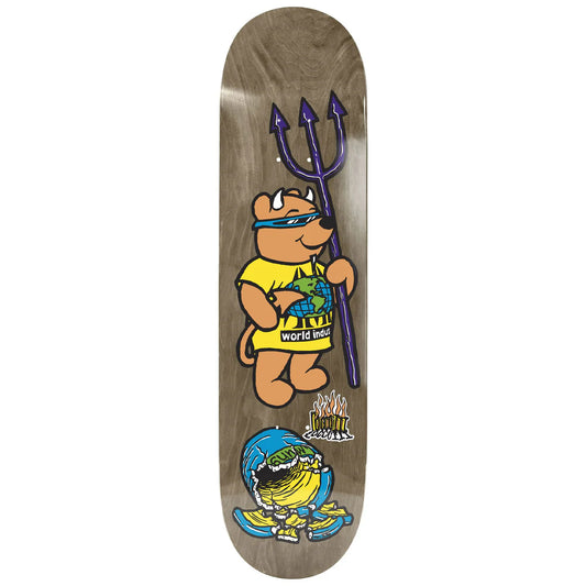 Skateboard deck with cartoon character holding a trident on a brown background