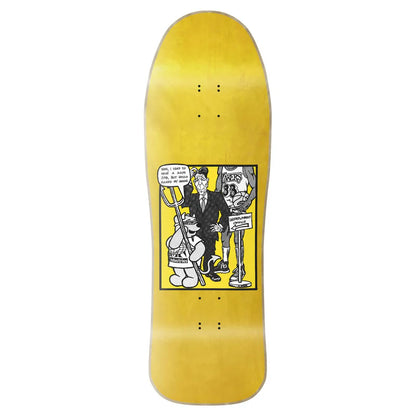 Yellow skateboard deck with graphic design on a white background