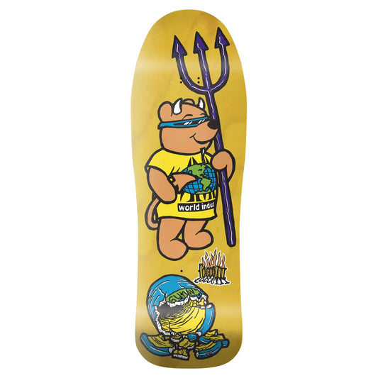 Skateboard deck with cartoon character holding a trident on a yellow background