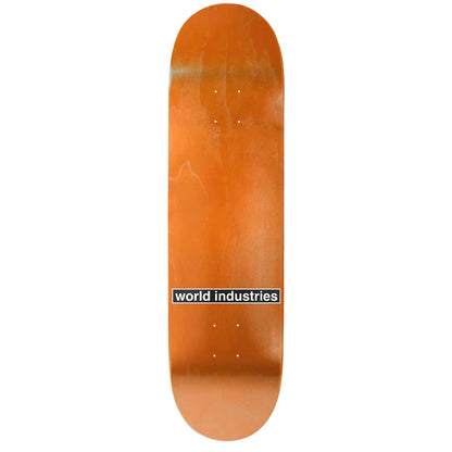 Orange skateboard deck with 'world industries' logo on a white background