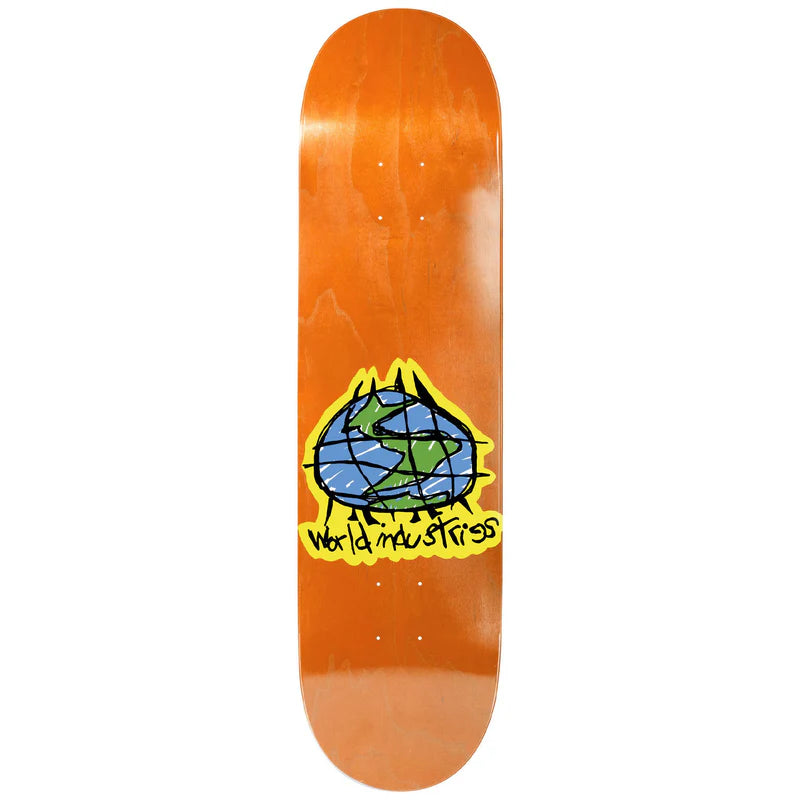 Orange skateboard deck with a colorful graphic design on a white background