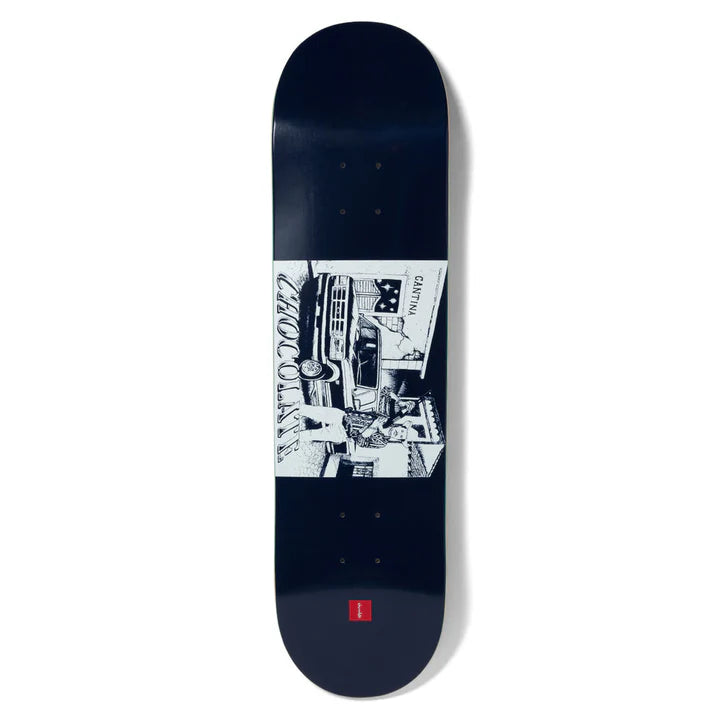 AChocolate Herrera 'Cantina' 8.25 skateboard deck featuring a black and white graphic design of a person on the front.