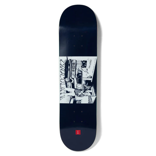 AChocolate Herrera 'Cantina' 8.25 skateboard deck featuring a black and white graphic design of a person on the front.
