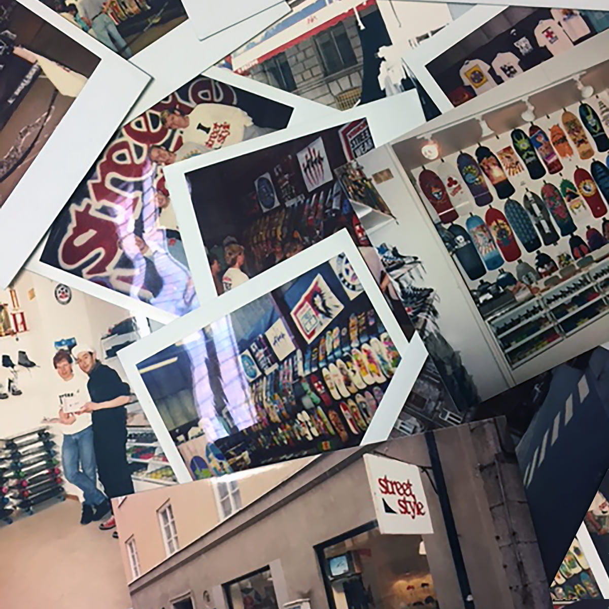 A collage of photos featuring a skate shop with skateboard decks displayed on walls, people posing inside the store, and a storefront with a "street and style" sign. The images convey a vibrant and colorful skateboarding culture.
